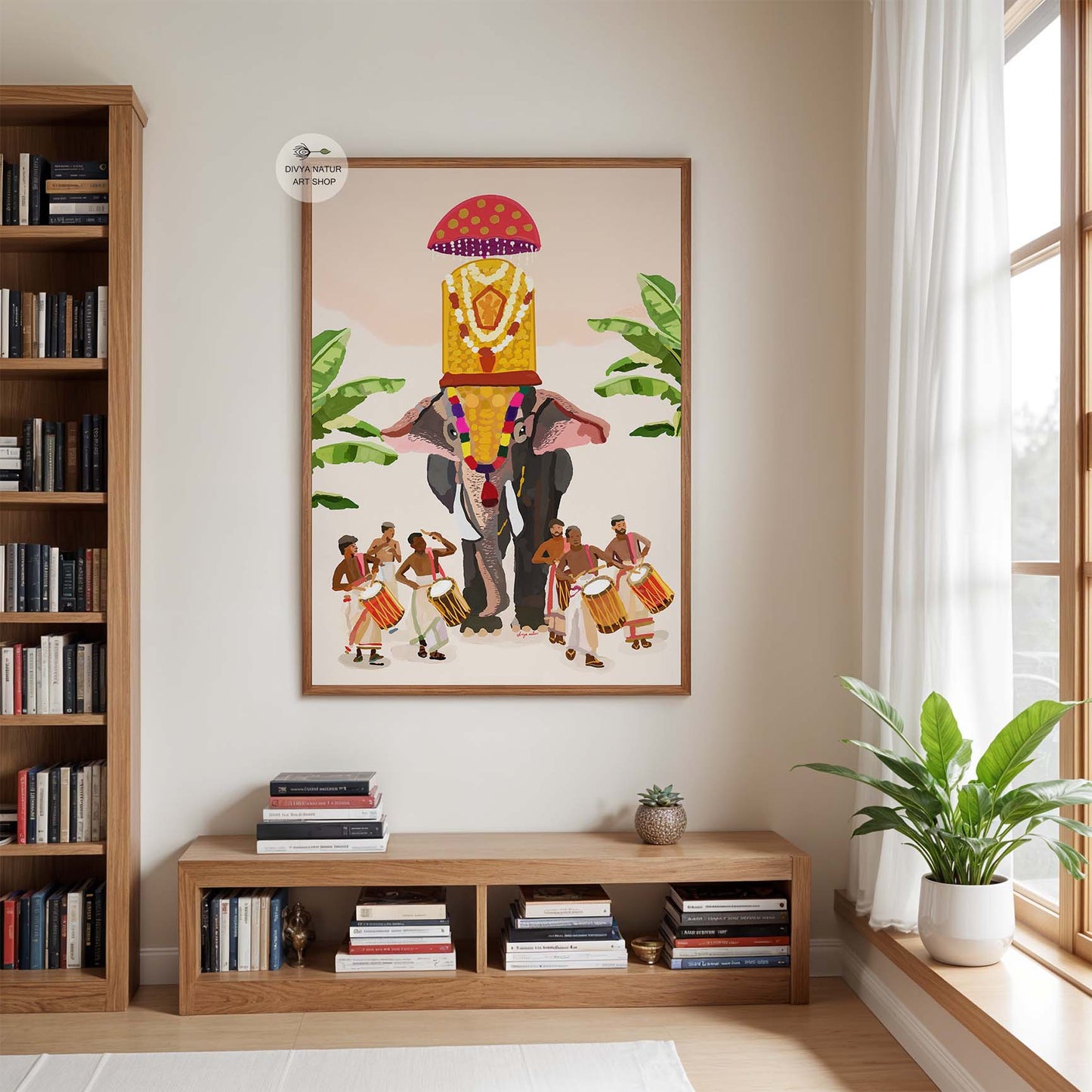 Ethnic Indian art print with temple musicians and ornamented elephant in festival setting