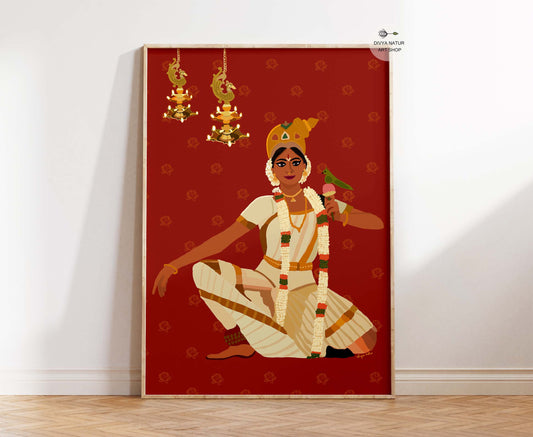 Hand illustrated Kerala classical dancer wall art set against a rich red temple inspired background with hanging oil lamps and jasmine garlands