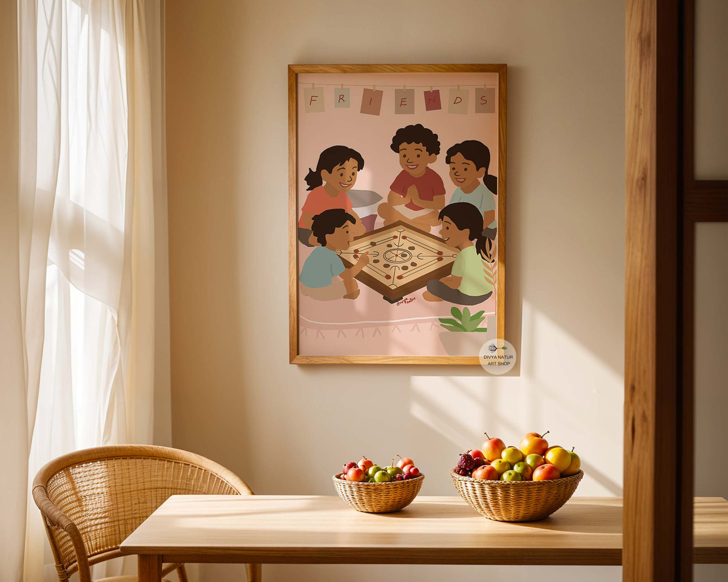 Pastel toned illustration of children sitting together playing classic carrom