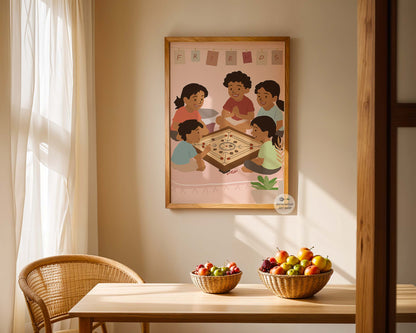 Pastel toned illustration of children sitting together playing classic carrom