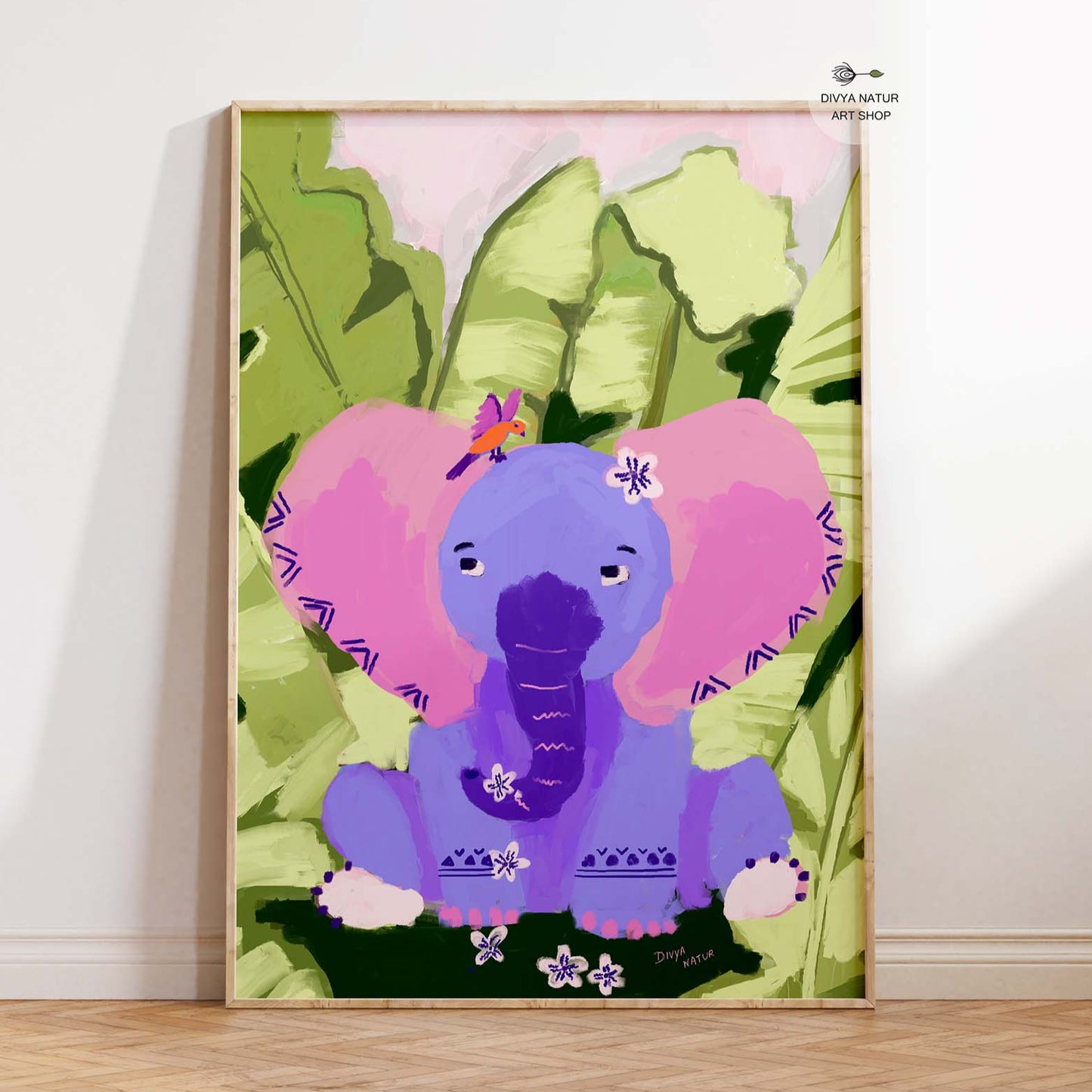 Jungle nursery wall art featuring cute purple elephant with pink ears and tropical leaves