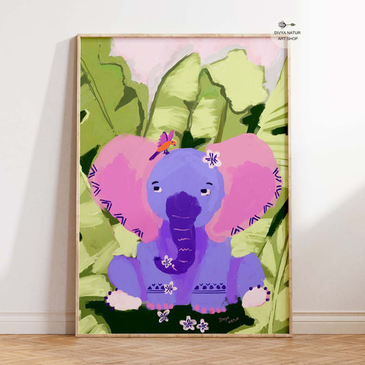 Jungle nursery wall art featuring cute purple elephant with pink ears and tropical leaves
