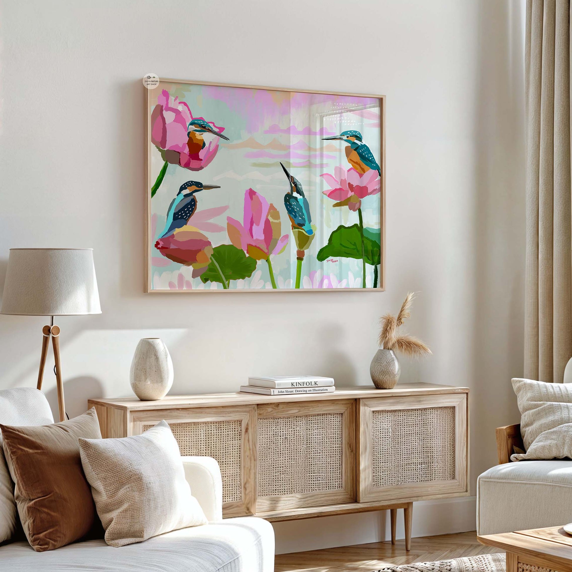 Contemporary lotus and kingfisher artwork with bold brushstrokes and bright tropical colors
