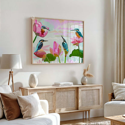 Contemporary lotus and kingfisher artwork with bold brushstrokes and bright tropical colors