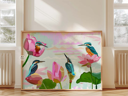 Blue kingfishers resting on lotus stems, modern wildlife art print for calming home wall décor