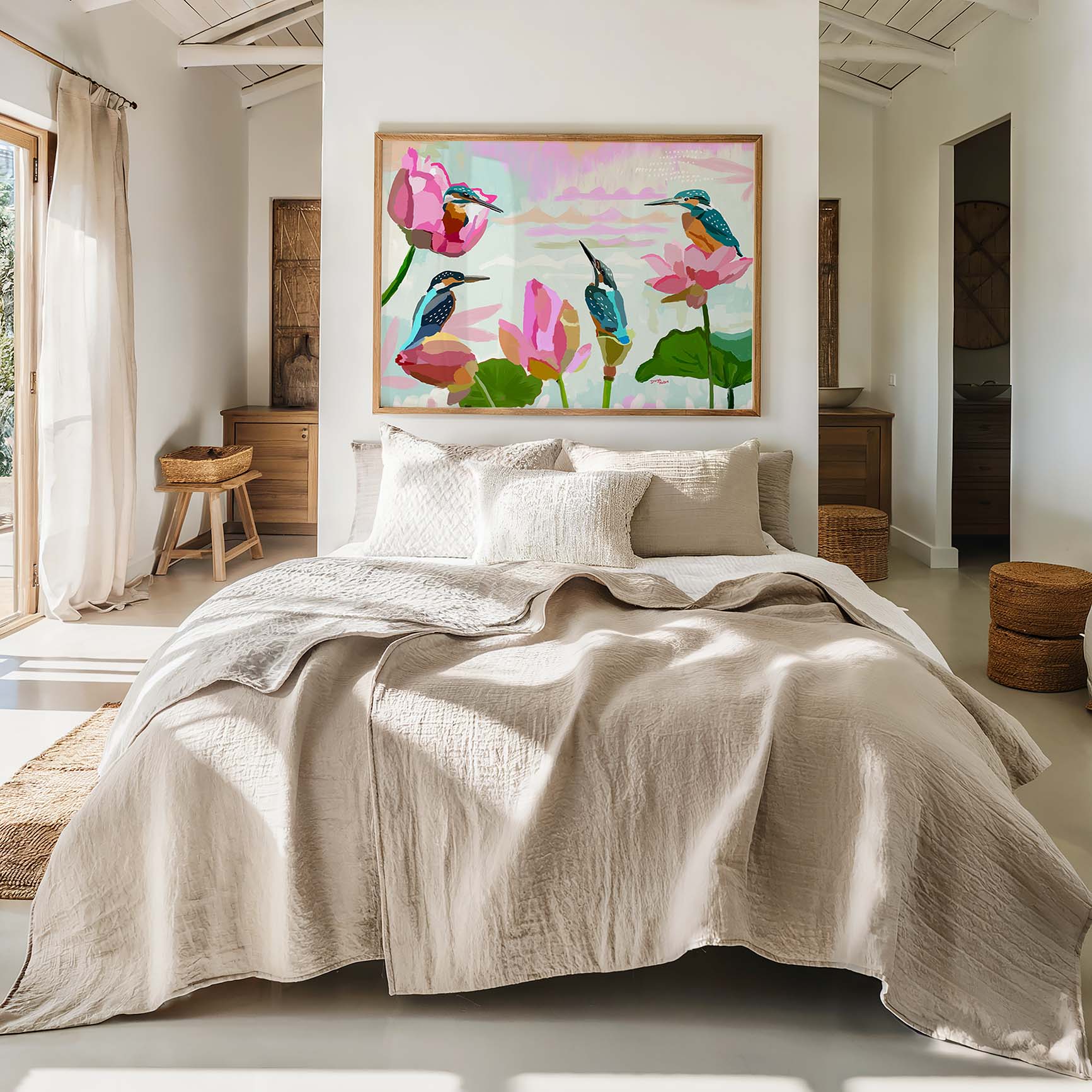 Archival fine art print of birds and lotus flowers, painted in fresh, uplifting pastel and jewel tones