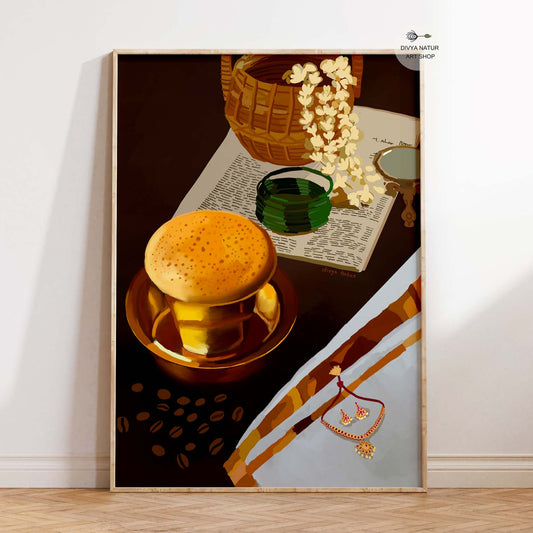 South Indian filter coffee art print in brass tumbler with jasmine flowers and bangles.