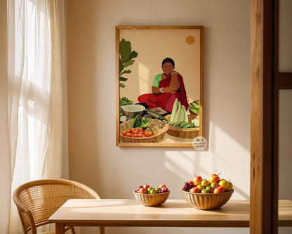 Fine art print of woman selling vegetables, symbolizing everyday Indian life.