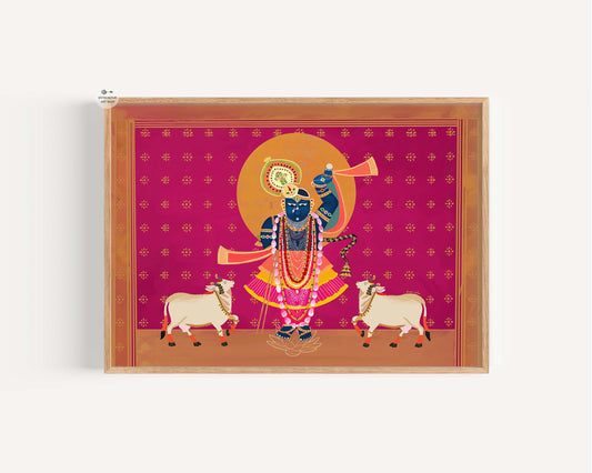 Lord Krishna Pichwai art print with ornaments and sacred cows on magenta backdrop