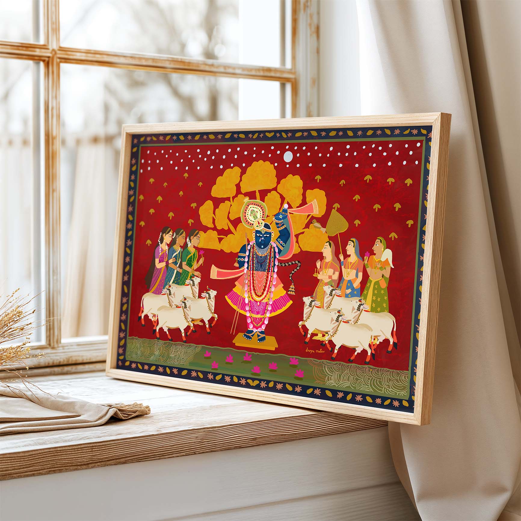Krishna artwork blending South and North Indian traditions in vibrant style