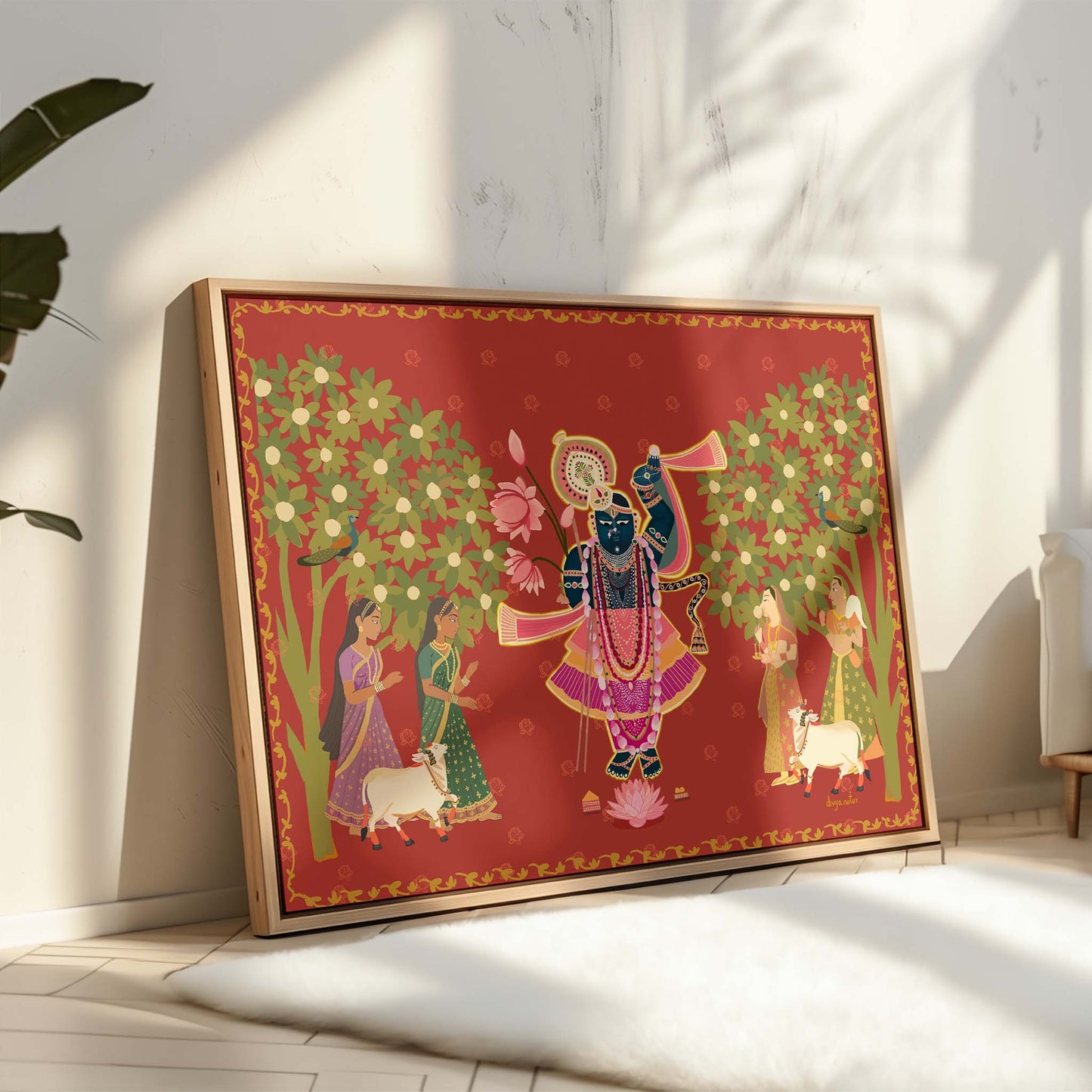 Digital download art of Krishna and gopis in nature, symbolizing joy, peace, and divine connection.
