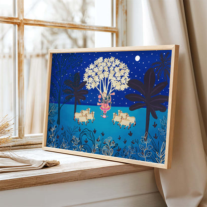 Night scene Krishna painting inspired by Pichwai traditions and devotion.