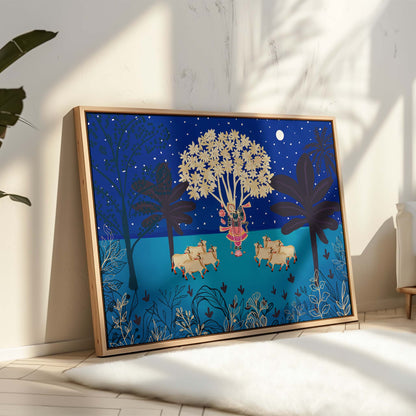 Fine art print of Lord Krishna surrounded by cows in a moonlit forest.