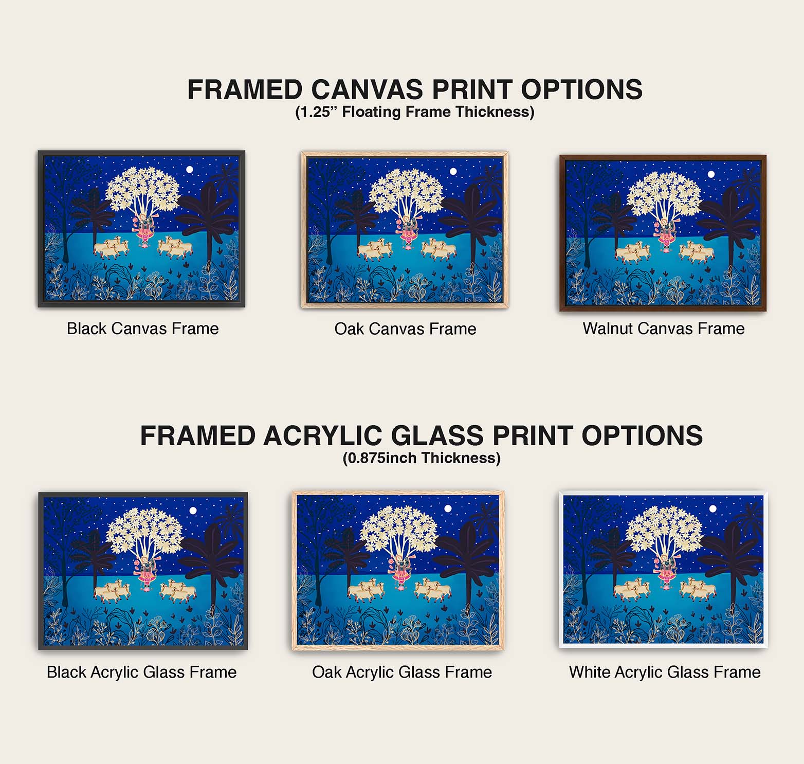 Spiritual Indian wall art depicting Krishna under a tree with sacred cows.