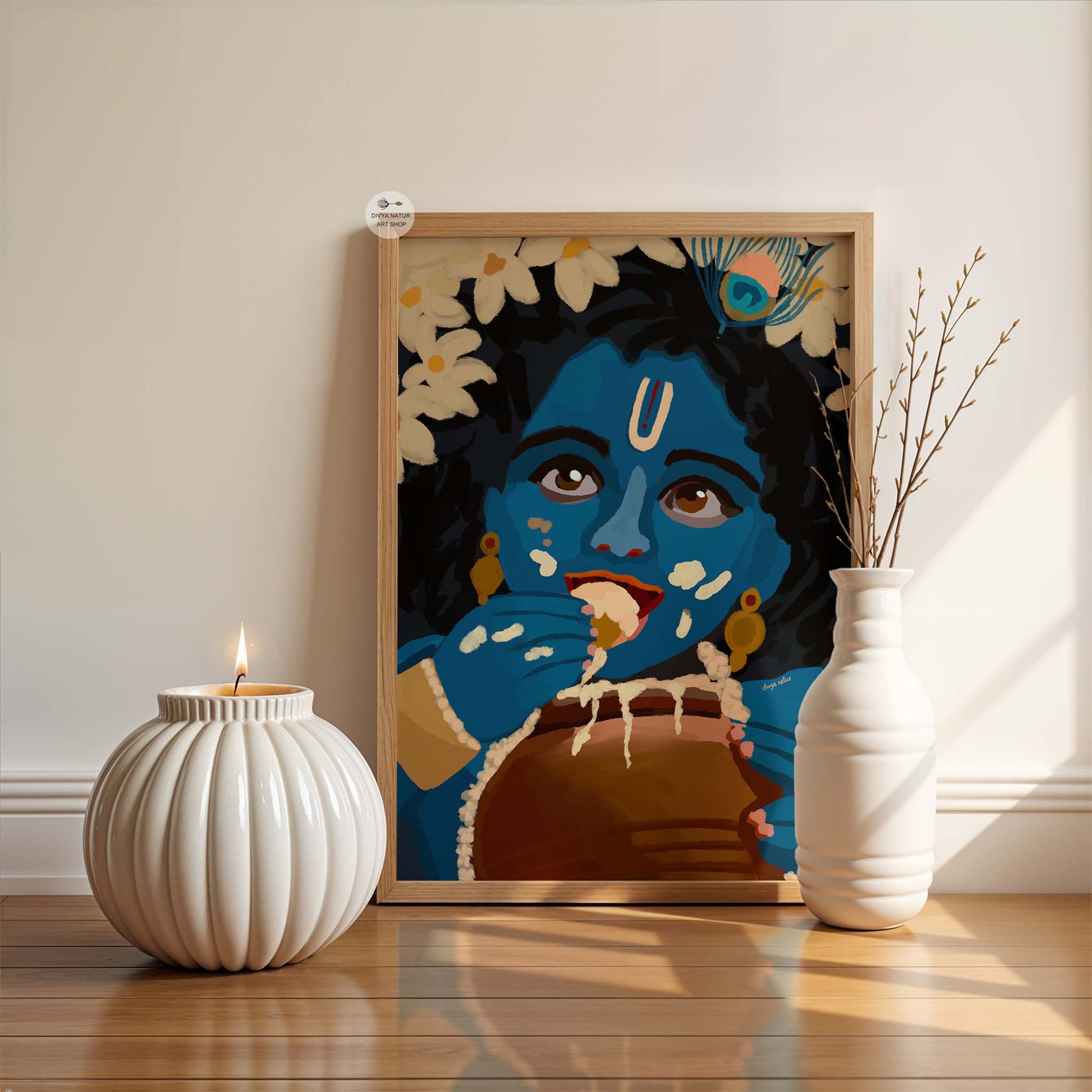 Spiritual Krishna wall decor with butter pot and peacock feather detail
