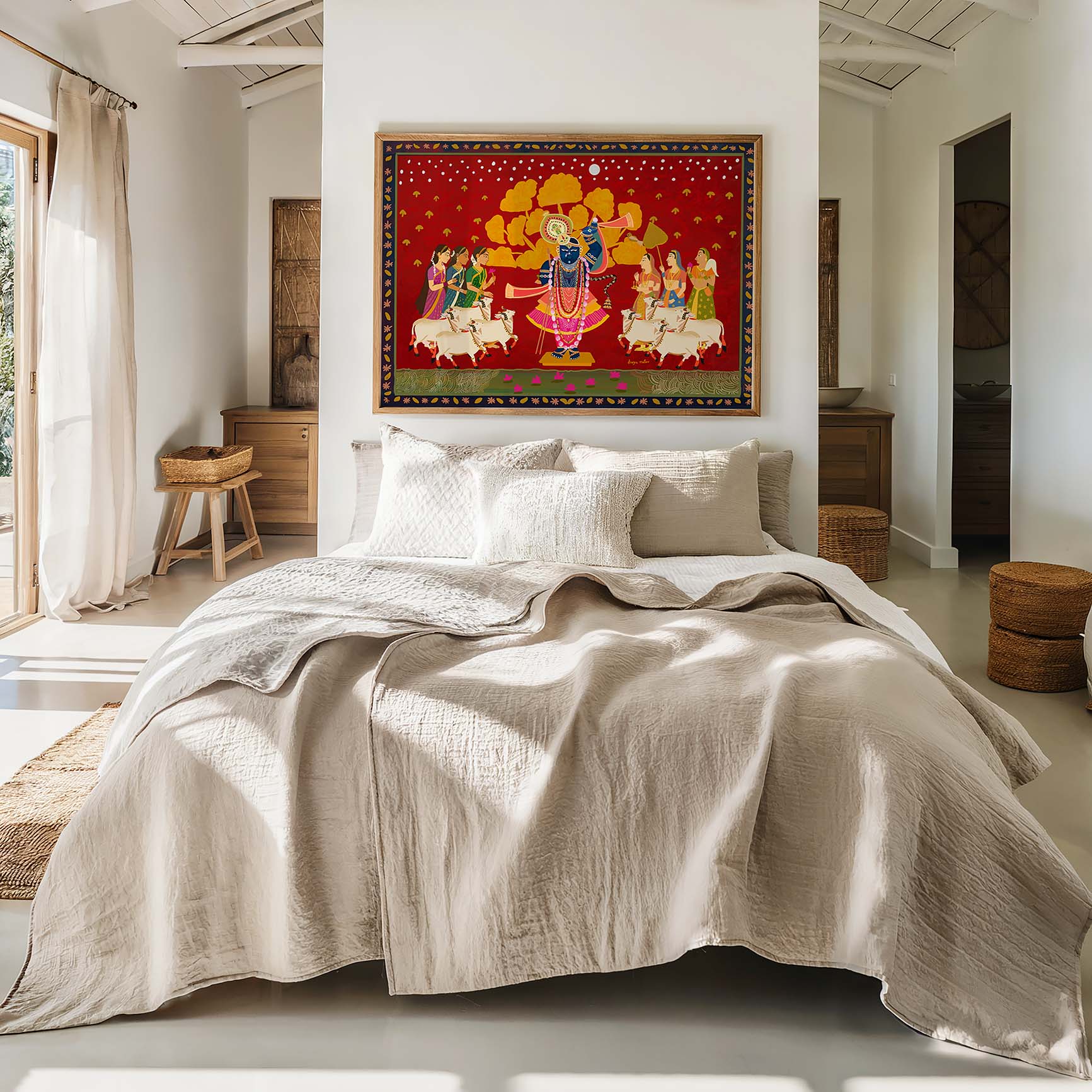 Cultural Pichwai Krishna wall art with gopis in sarees and temple motifs