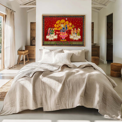 Cultural Pichwai Krishna wall art with gopis in sarees and temple motifs