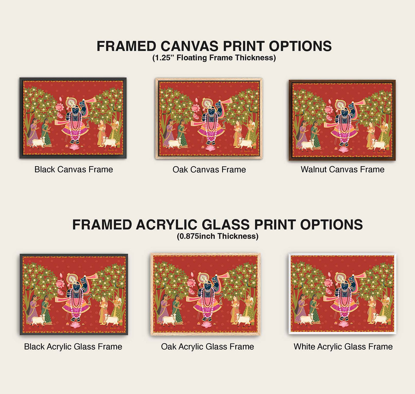 Printable wall art of Lord Krishna surrounded by gopis under lush trees, radiating joy and bhakti.