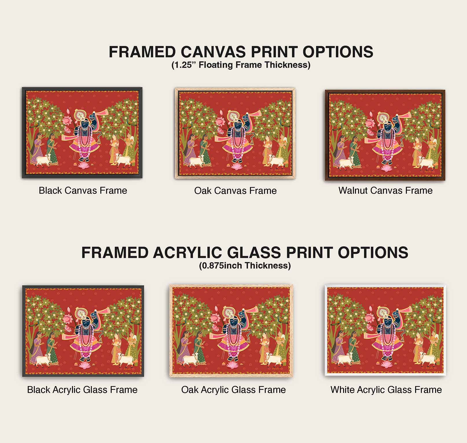 Printable wall art of Lord Krishna surrounded by gopis under lush trees, radiating joy and bhakti.