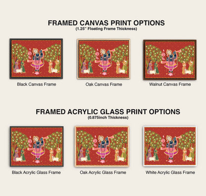 Printable wall art of Lord Krishna surrounded by gopis under lush trees, radiating joy and bhakti.