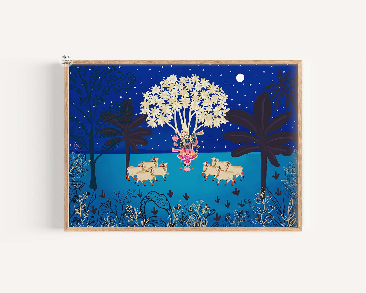 Pichwai art of Krishna with cows under moonlight, Indian folk art print.