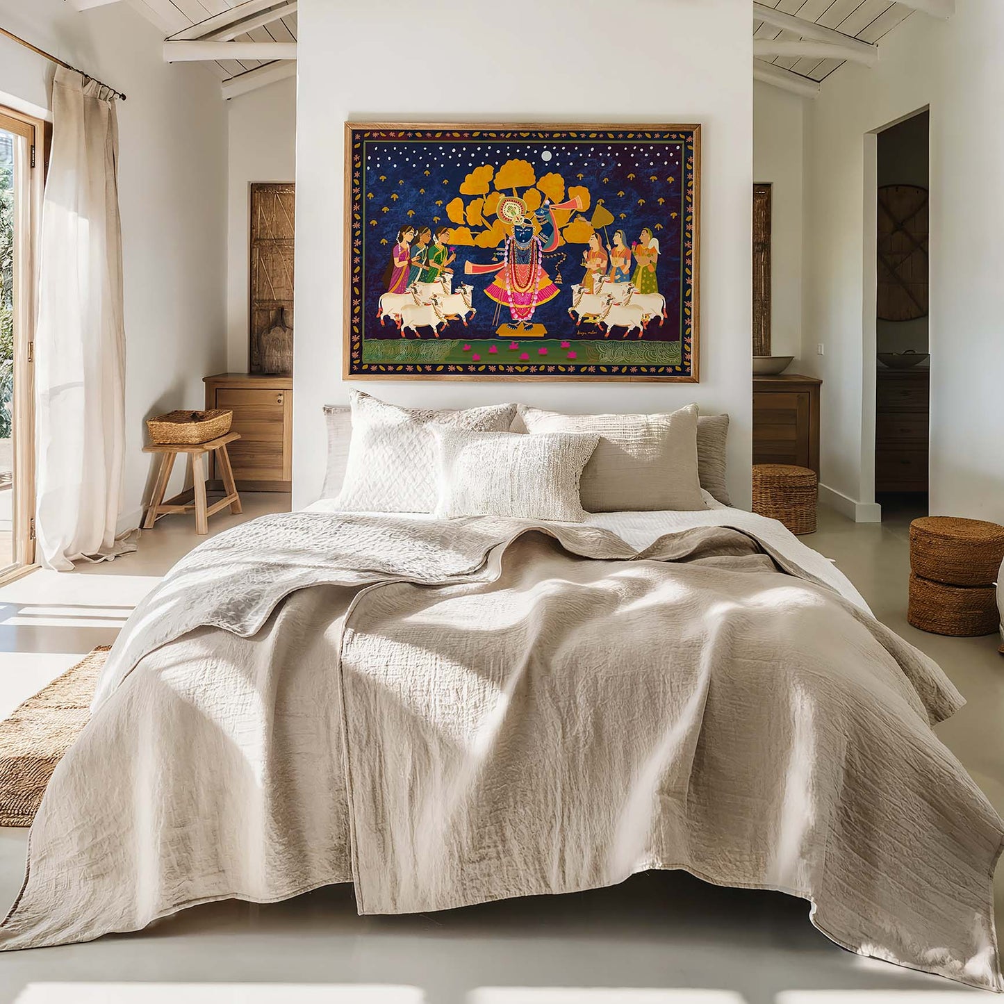 Krishna and gopis Pichwai wall art with cows and blooming lotus flowers