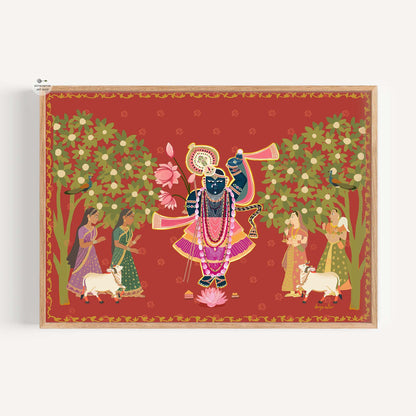Digital art print of Lord Krishna with gopis beneath trees, inspired by traditional Indian folk art.