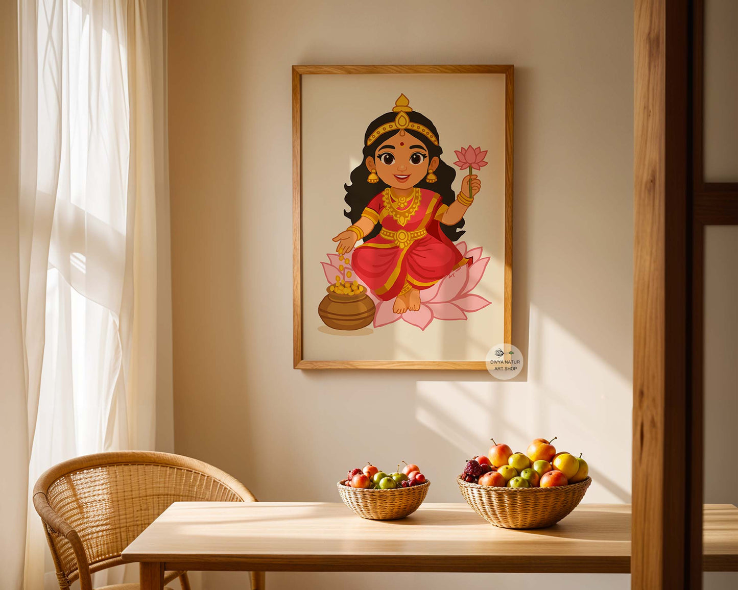 Indian mythology-inspired Baby Lakshmi artwork with pink lotus details.