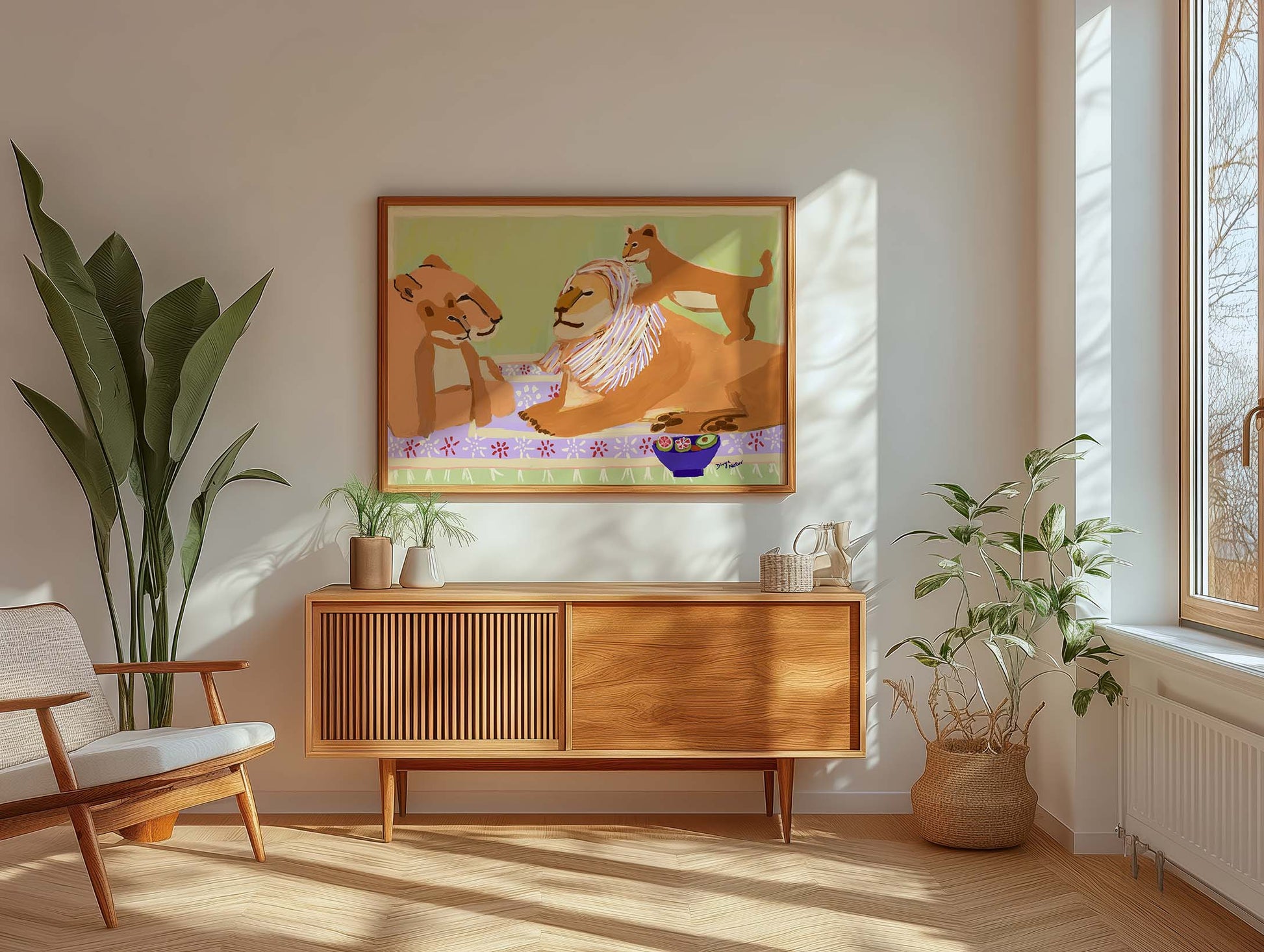 Wildlife art of lion, lioness, and cubs in cozy scene, archival giclée fine art print