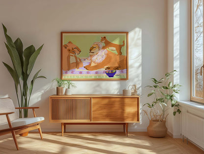 Wildlife art of lion, lioness, and cubs in cozy scene, archival giclée fine art print