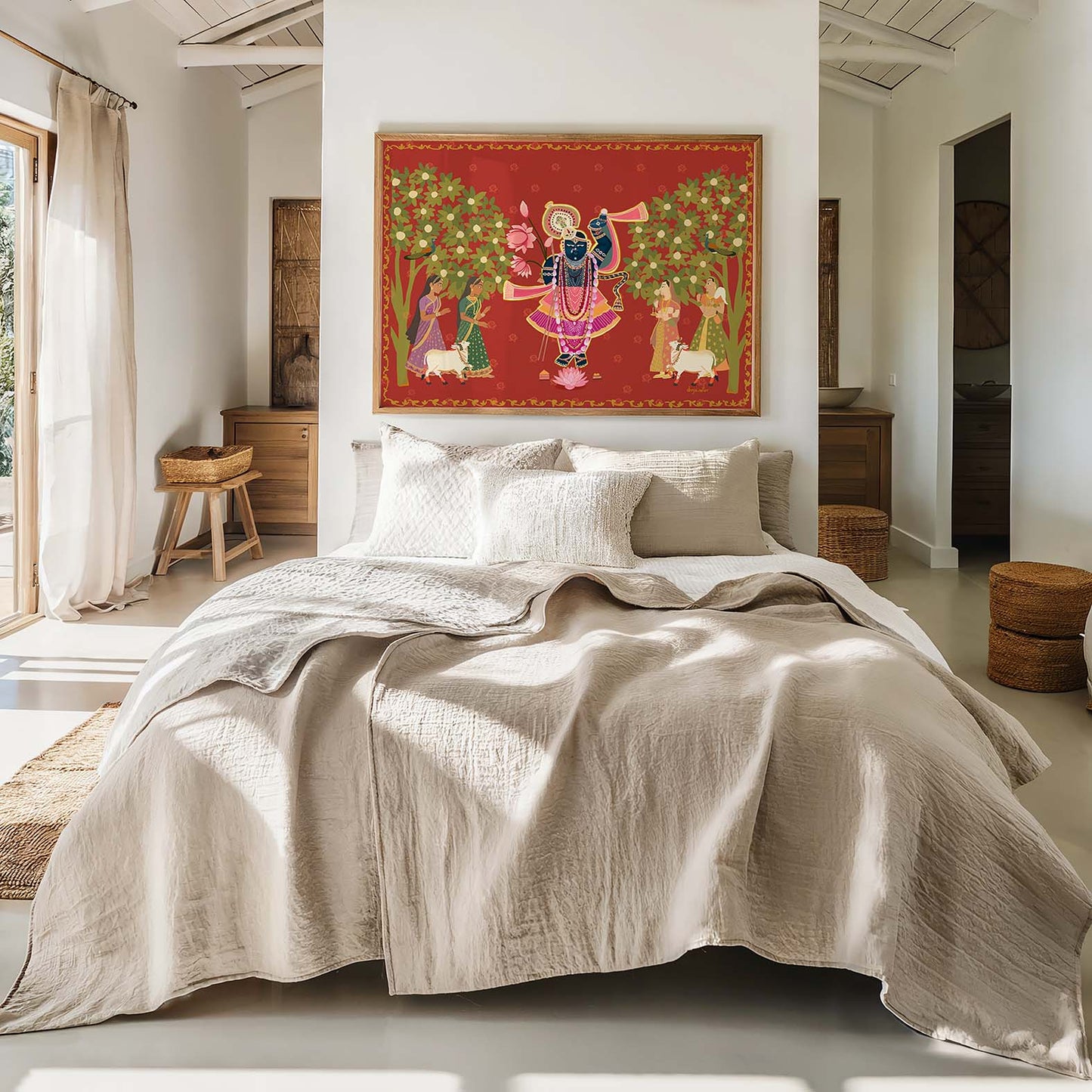 Printable Hindu art of Lord Krishna and gopis featuring rich colors and intricate cultural detailing.