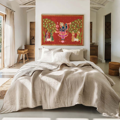 Printable Hindu art of Lord Krishna and gopis featuring rich colors and intricate cultural detailing.