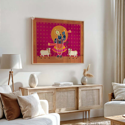Sacred cows and Krishna illustration with divine magenta background