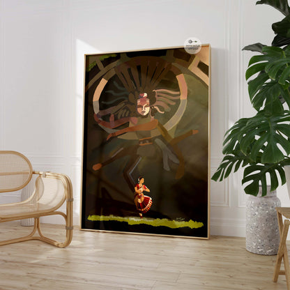 Bharatanatyam dancer in front of Lord Nataraja, radiating divine energy