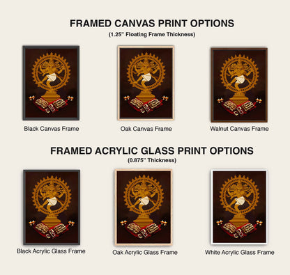 Spiritual art print of Nataraja statue glowing in warm golden tones with temple-inspired setting.