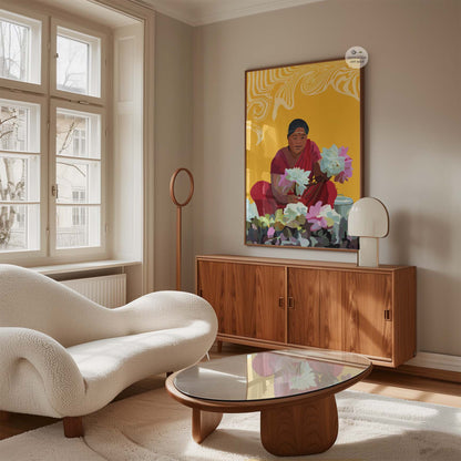 Modern Indian folk art of woman with lotus symbolizing purity and divine beauty.