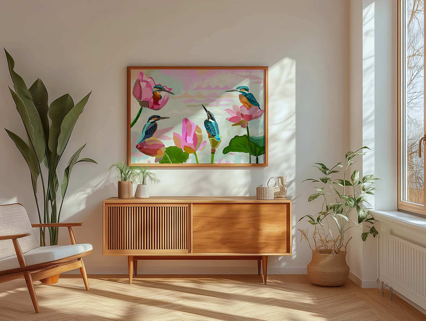 Kingfisher painting with lotus blooms, colorful giclée print for living rooms or meditation spaces