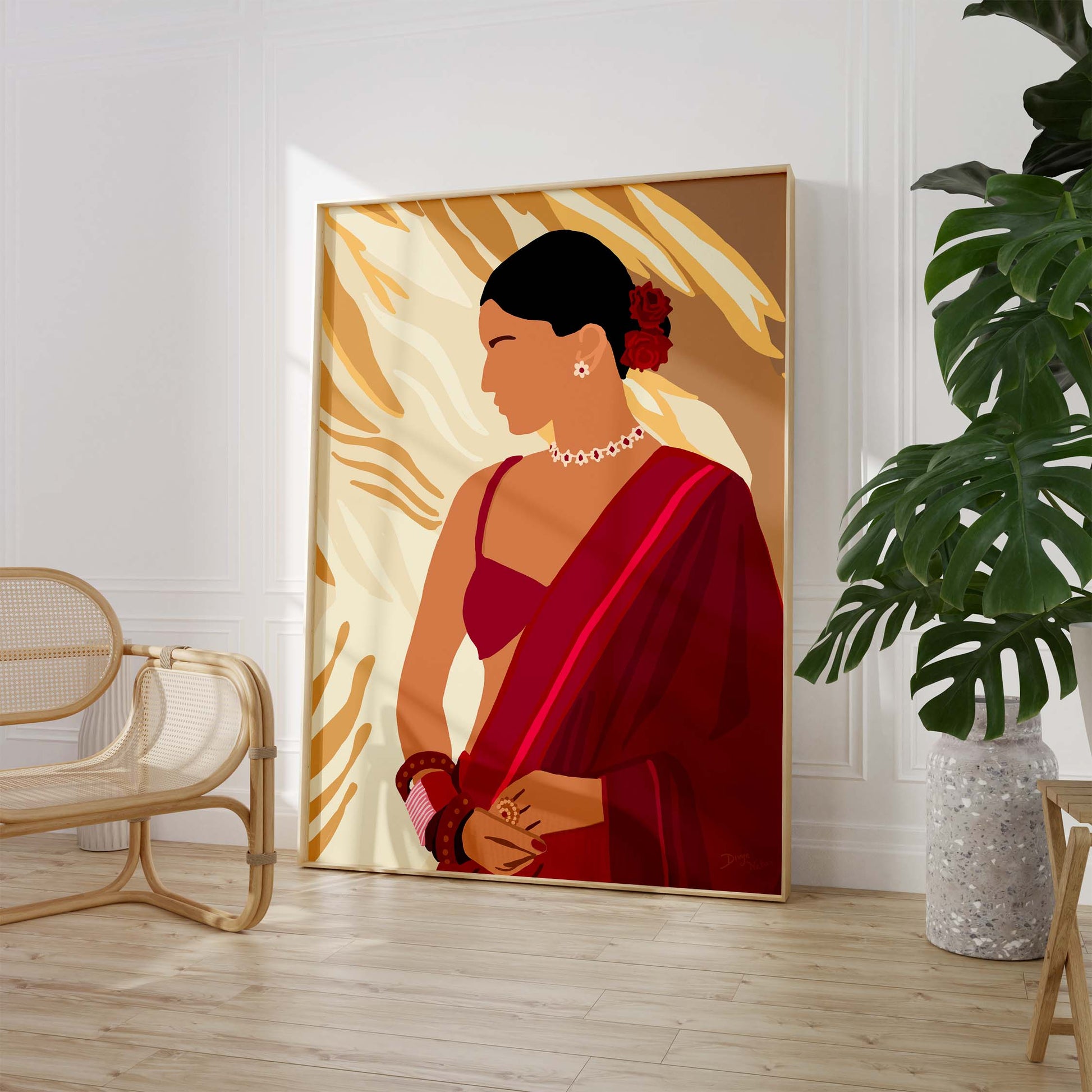 Beautiful minimalist print of a woman in a red saree for home decor.