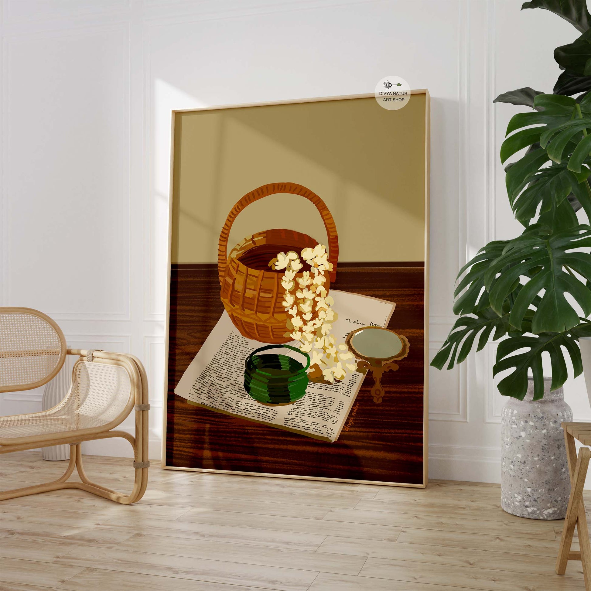 Timeless Indian home decor art with jasmine flowers and a textured backdrop.