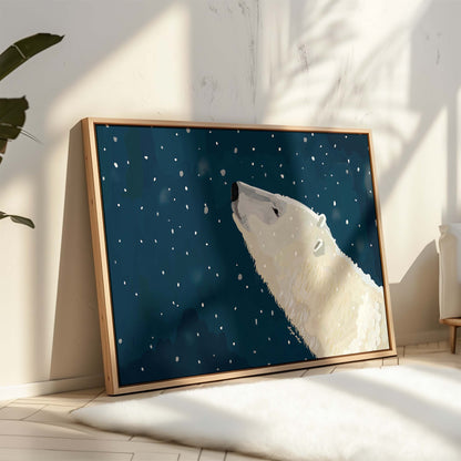 Wildlife artwork of polar bear stargazing, modern giclée fine art print for cozy home interiors
