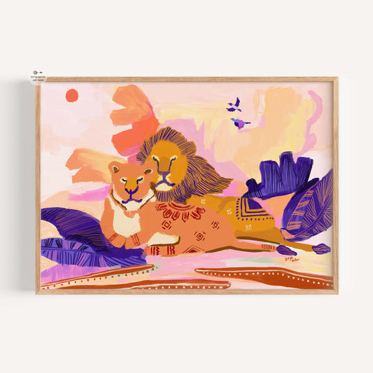Lion and lioness tribal-inspired artwork in warm oranges and purples, fine art wildlife print