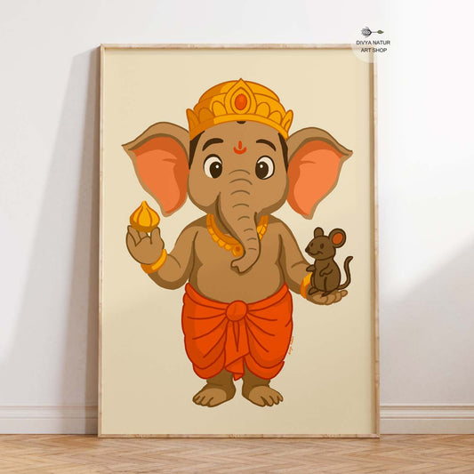 Baby Ganesha wall art print with modak and mouse in vibrant orange tones