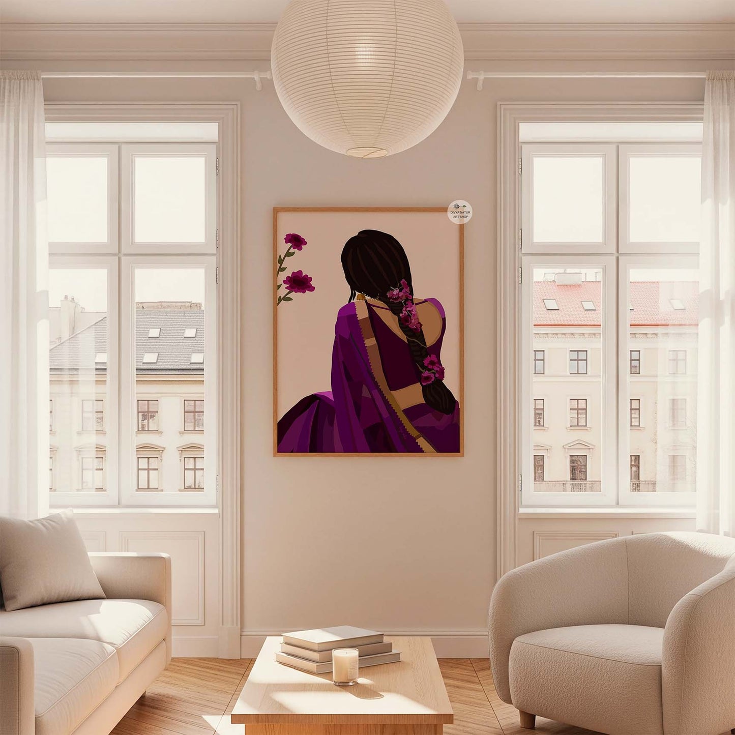 High-quality print of woman in purple saree and floral braid design