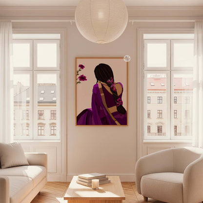 High-quality print of woman in purple saree and floral braid design