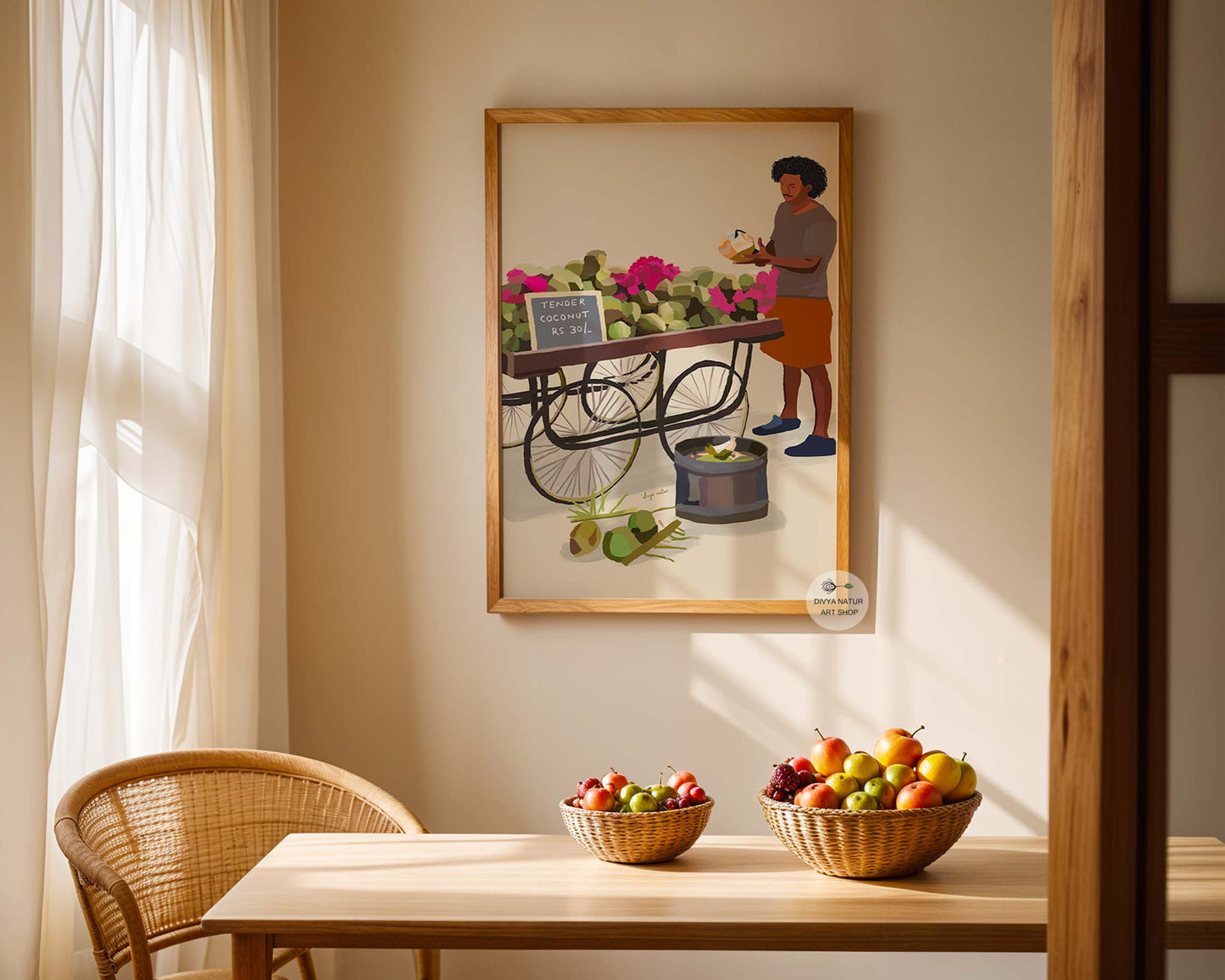 Hand-drawn tropical Indian marketplace artwork with coconut seller and fruit stand