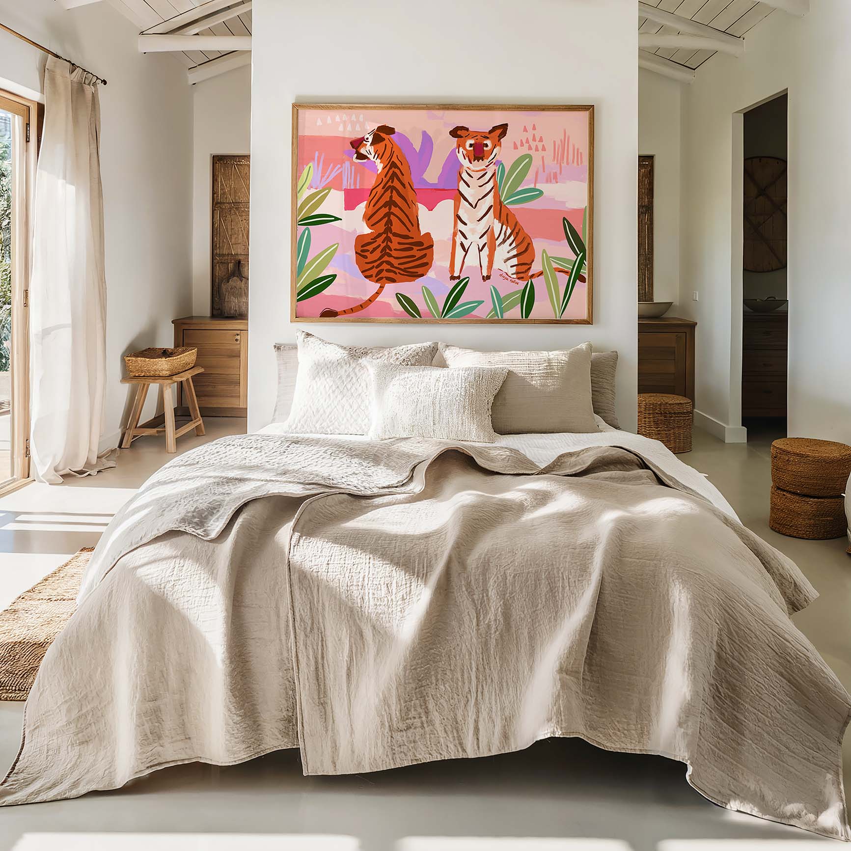 Tigers in a dreamy pink jungle, archival giclée wildlife print for nurseries, studios, or safari décor