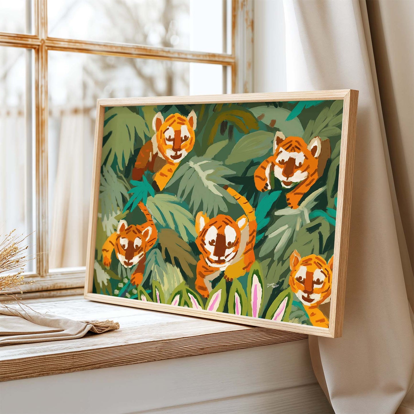 Jungle-themed tiger cub artwork, symbolic of curiosity and joy, fine art print for home décor