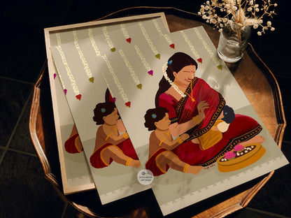 Fine art print of motherhood scene with Amma and children in saree