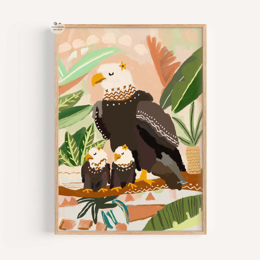 Majestic mother eagle perched with two eaglets in jungle setting, symbolic fine art wildlife print