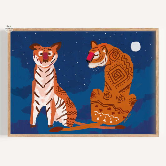 Framed artwork of two stylized tigers against a night sky with a moon.